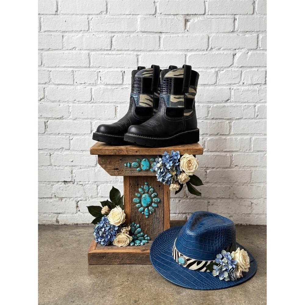 Ariat Fatbaby Patchwork Zebra Croc Western‎ Cowboy Boots Black Teal 5.5 festival